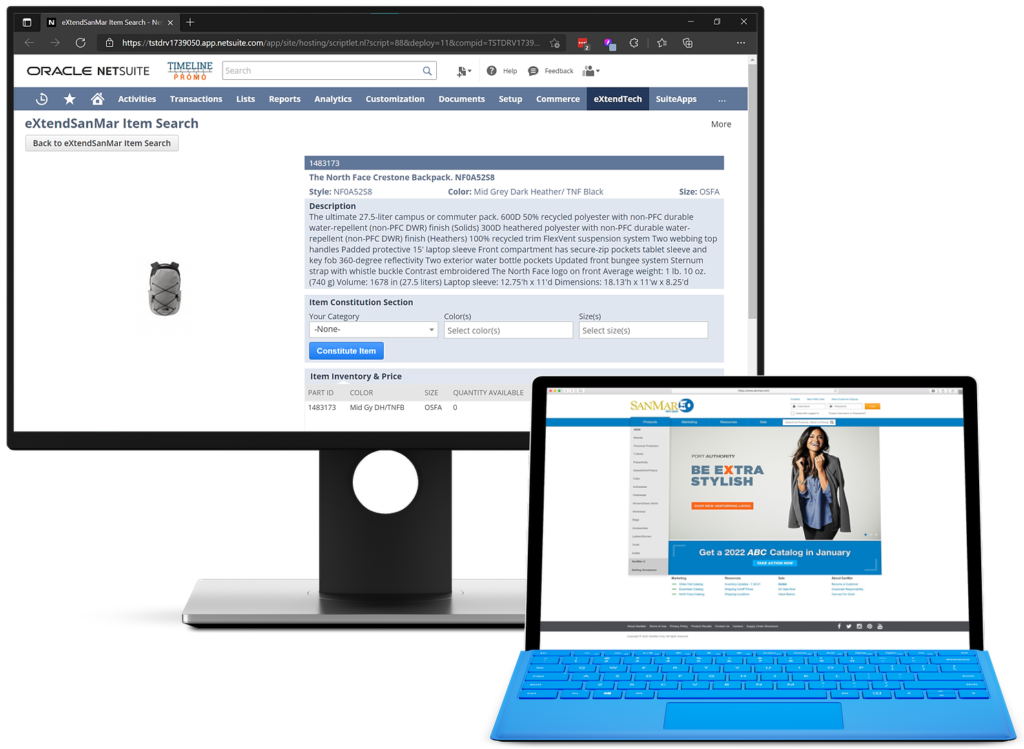 Our NetSuite SanMar integration allows you to quickly create items and leverage SanMar metadata within the NetSuite platform.