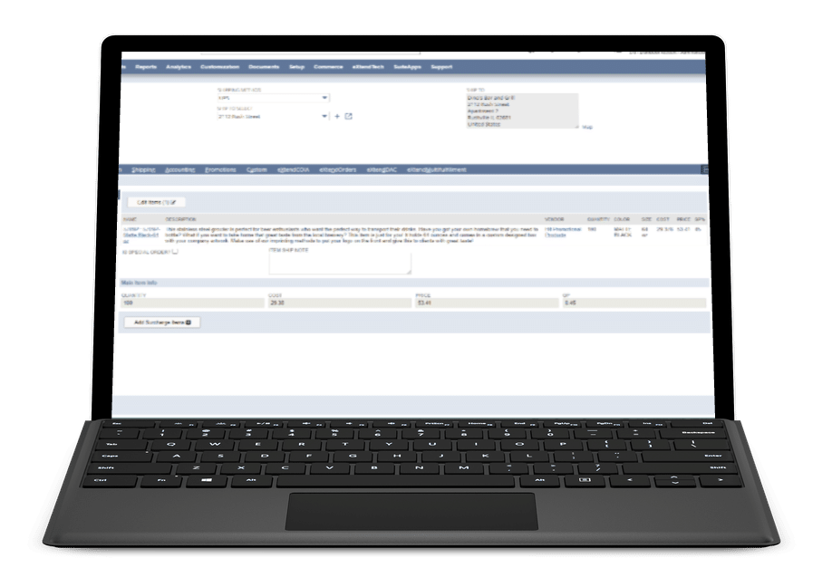 eXtendOrders item decoration screenshot isolated on a black MacBook showing the NetSuite order configurator within a user's account.